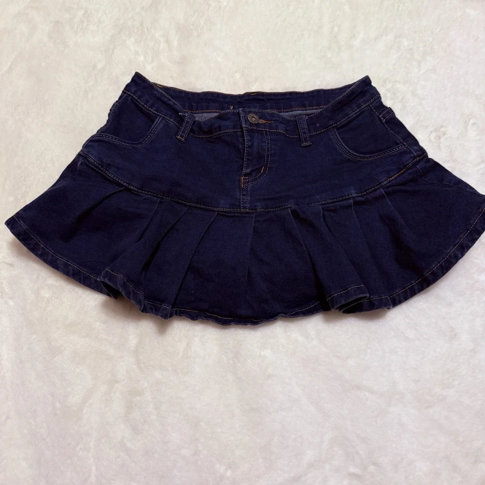 Blue Denim Mini Skirt with Ruffled Hem and Built-In Shorts Size Medium